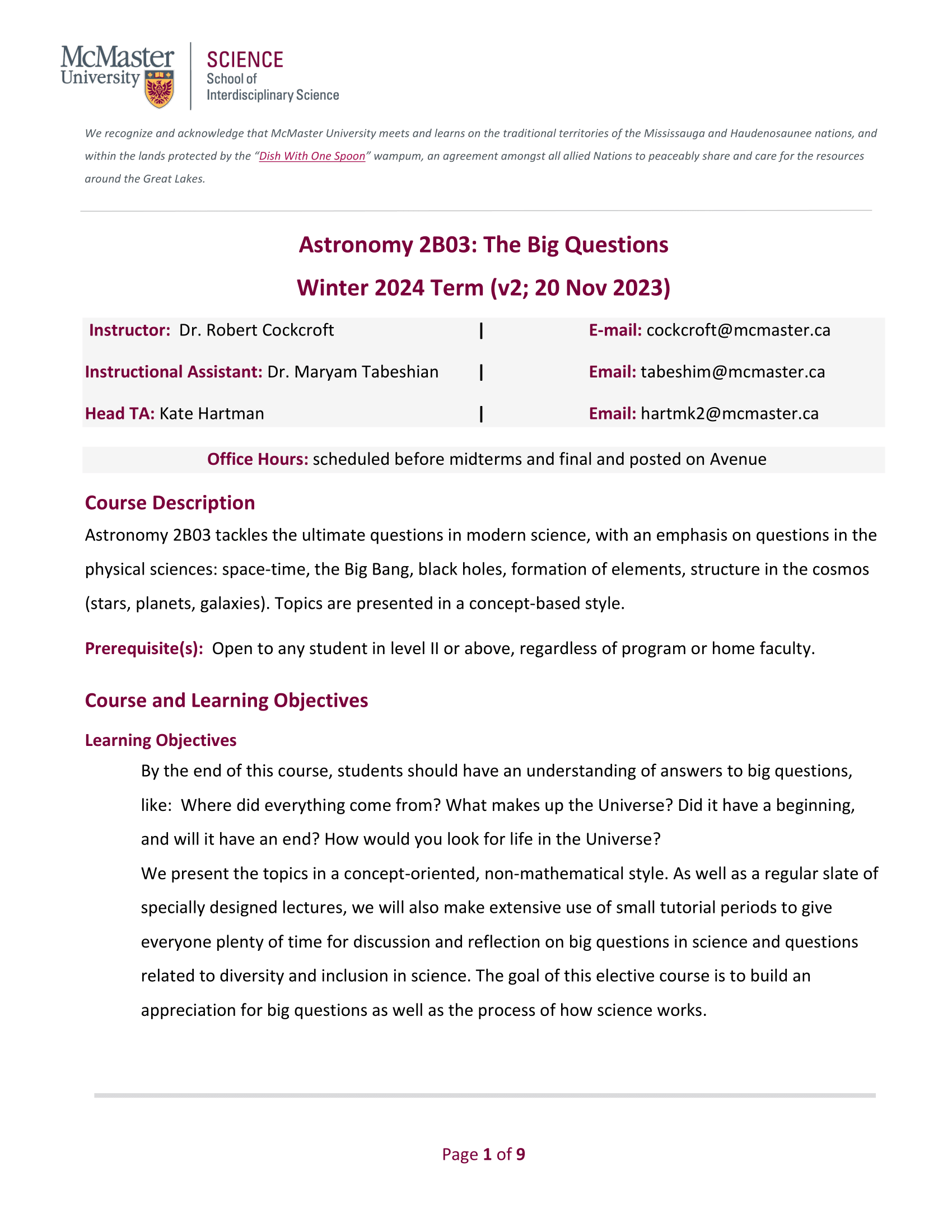 ASTRON 2B03 Fall 2023 outline page #1